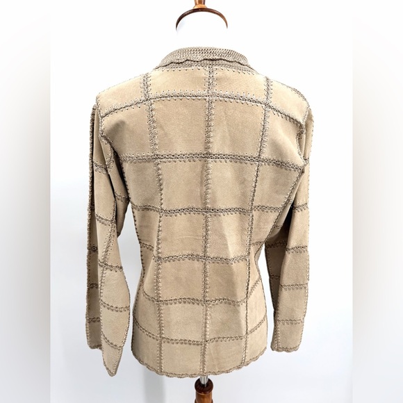 KROSHETTA BY PAPILLON Vintage Suede Crochet Patchwork Jacket Tan - Picture 3 of 10
